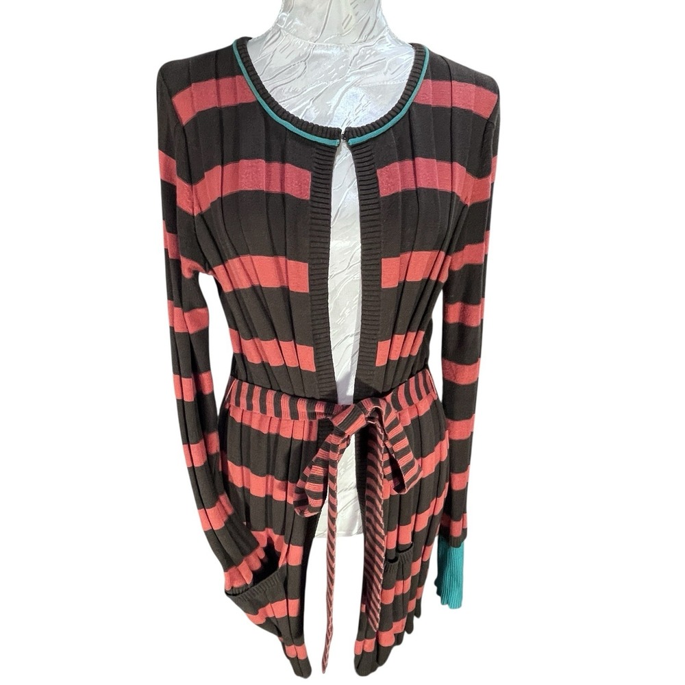 Womens Sz M Matilda‎ Jane Cardinal Cardigan You & Me Striped Sweater Ribbed Belt